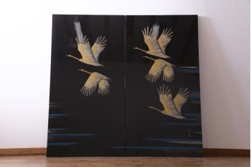 中古　日展作家　加治武　大作　輪島塗　沈金　翔鶴図　透けるような繊細さと躍動感が目を引く衝立(つい立て)