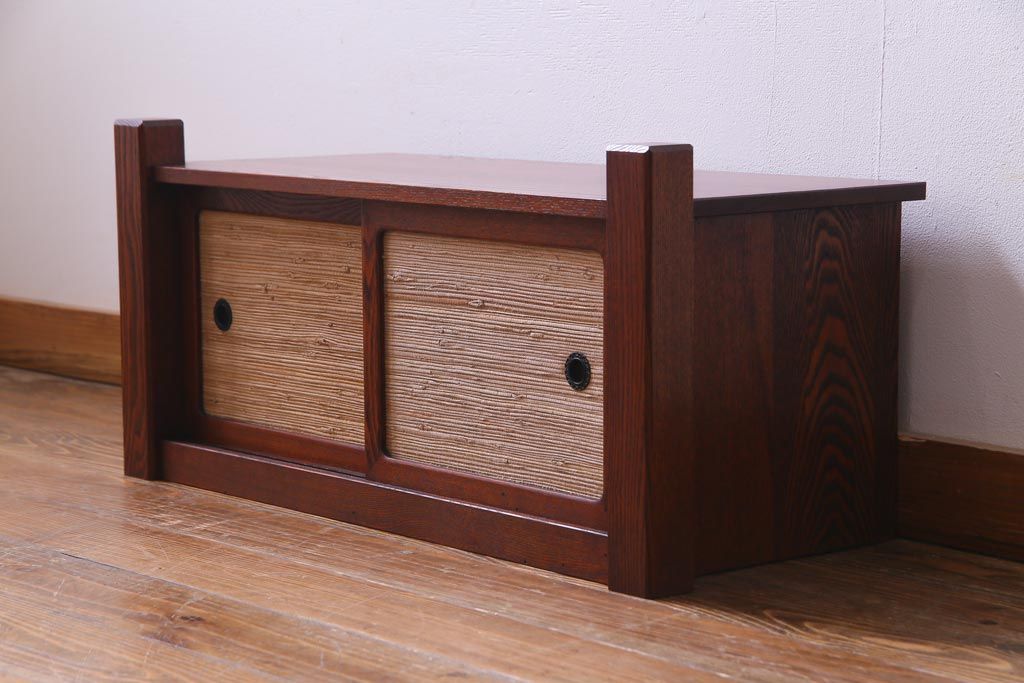 中古　高級品　松本伝統　指物工芸家具　漆塗り　ケヤキ材の杢目が見事な置き床(棚、ローボード)