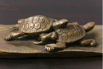 アンティーク雑貨　伝統工芸　高岡銅器　瑞峰堂　須賀月真　共箱付き　双亀文鎮(夫婦亀、ペーパーウエイト)