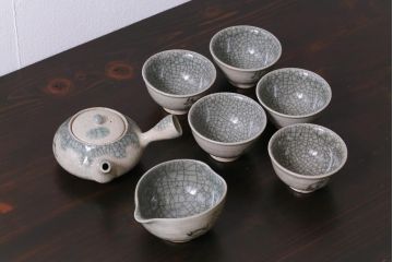 昭和中期　田代法橋(清治右衛門)　共箱付き　相馬駒焼　煎茶器セット(急須、湯冷まし、湯呑み5客)