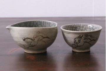 昭和中期　田代法橋(清治右衛門)　共箱付き　相馬駒焼　煎茶器セット(急須、湯冷まし、湯呑み5客)