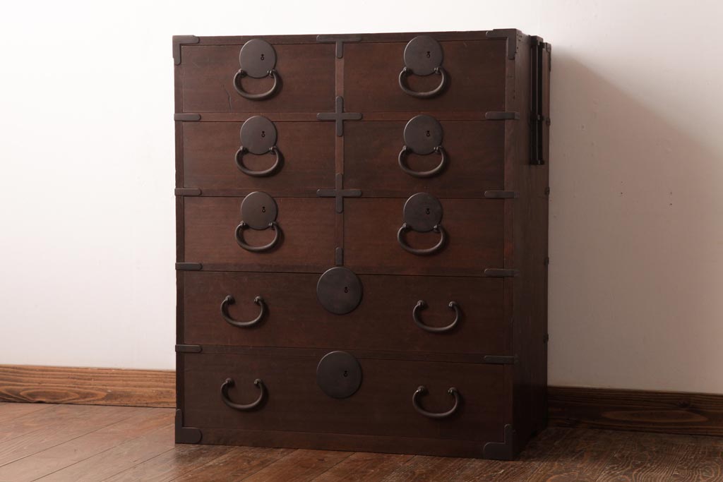 アンティーク家具　明治大正期　ヒノキ材・桐材　しっとりとした木肌が上品な雰囲気漂う時代箪笥(引き出し、チェスト、桐箪笥、桐たんす)