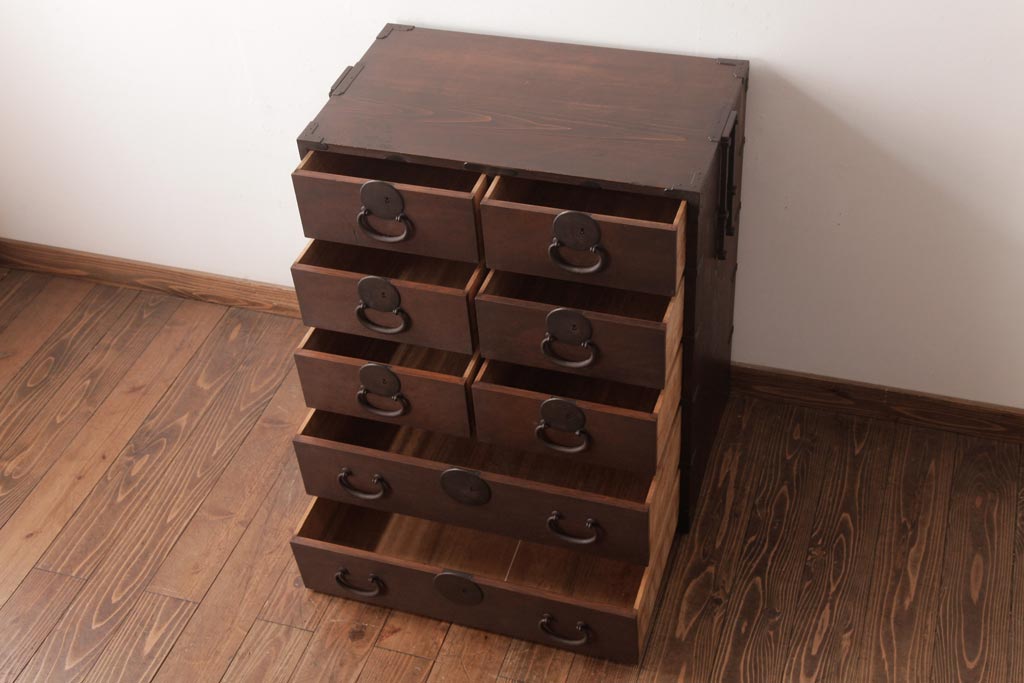 アンティーク家具　明治大正期　ヒノキ材・桐材　しっとりとした木肌が上品な雰囲気漂う時代箪笥(引き出し、チェスト、桐箪笥、桐たんす)