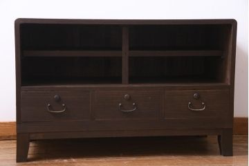 レトロ家具　昭和レトロ　リメイク　モールガラス入り　古い木の質感が魅力的な脚付きローボード(戸棚、収納棚)