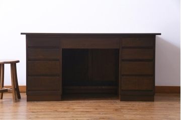 レトロ家具　昭和レトロ　ナラ材　たっぷり幅が嬉しいシンプルな両袖デスク(机、在宅ワーク、在宅用ワークデスク)