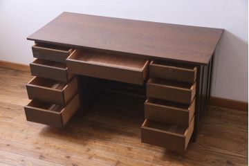 レトロ家具　昭和レトロ　ナラ材　たっぷり幅が嬉しいシンプルな両袖デスク(机、在宅ワーク、在宅用ワークデスク)