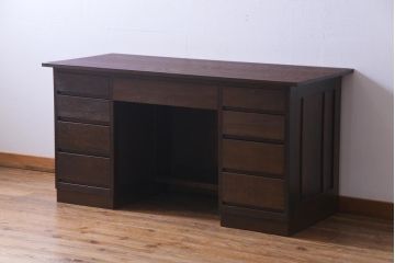 レトロ家具　昭和レトロ　ナラ材　たっぷり幅が嬉しいシンプルな両袖デスク(机、在宅ワーク、在宅用ワークデスク)