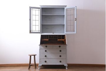 ペイント家具　イギリスアンティーク　淡い色合いがシックなビューローブックケース(ライティングビューロー、本箱、ワークデスク、在宅ワーク、在宅用)