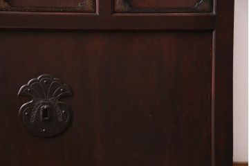 和製アンティーク　ヒノキ材　亀甲金網　たたき塗り　漆塗りが上品な印象与える庄内蔵戸(建具、格子戸、玄関戸)