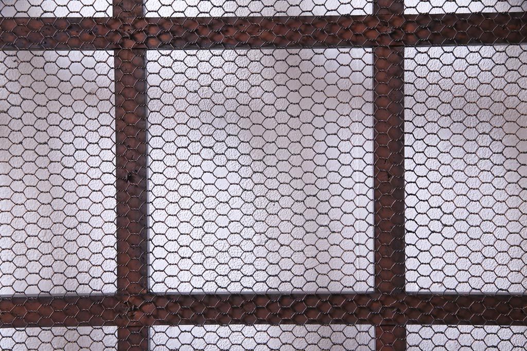 和製アンティーク　ヒノキ材　亀甲金網　たたき塗り　漆塗りが上品な印象与える庄内蔵戸(建具、格子戸、玄関戸)