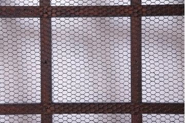 和製アンティーク　ヒノキ材　亀甲金網　たたき塗り　漆塗りが上品な印象与える庄内蔵戸(建具、格子戸、玄関戸)