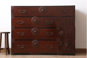 アンティーク家具　極上品　古民具・骨董　明治大正期　前面欅材　アンティーク最上箪笥(衣装箪笥)