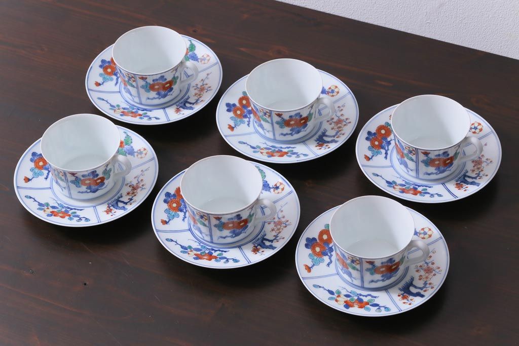 中古　十二代今泉今右衛門　四季折々の花が素敵なカップ&ソーサー6客セット