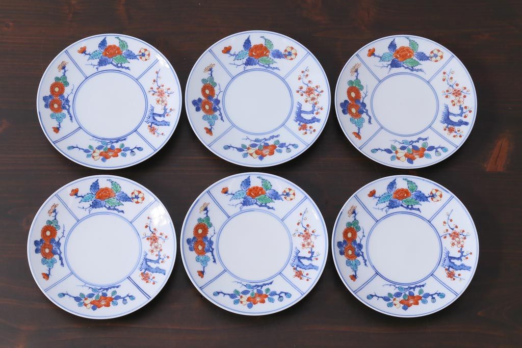 中古　十二代今泉今右衛門　四季折々の花が素敵なカップ&ソーサー6客セット