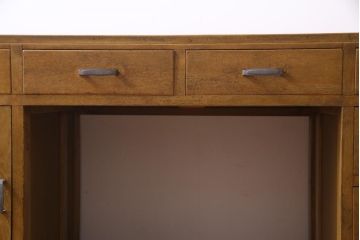 アンティーク家具　昭和中期　モールガラス入り　ナラ材　懐かしさ漂う明るい木色の両袖デスク(作業台、机、在宅ワーク、在宅用)