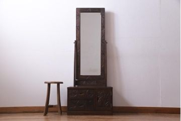 中古　伝統工芸　軽井沢彫り　情緒あふれる竹の意匠が見事なドレッサー(鏡台、ミラー)