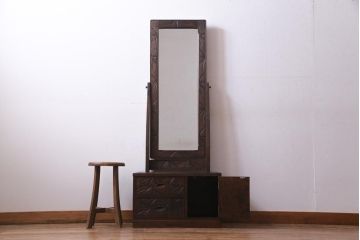 中古　伝統工芸　軽井沢彫り　情緒あふれる竹の意匠が見事なドレッサー(鏡台、ミラー)