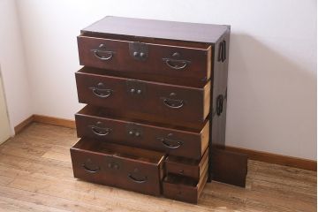 アンティーク家具　和製アンティーク　前面ケヤキ材　奥深い味わいが漂う二本松箪笥(重ね箪笥、和タンス、チェスト)