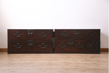 アンティーク家具　和製アンティーク　前面ケヤキ材　奥深い味わいが漂う二本松箪笥(重ね箪笥、和タンス、チェスト)