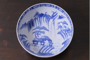 古民具　大正昭和初期　山水図　素朴ながら味わい深い9寸深鉢(深皿、和食器)