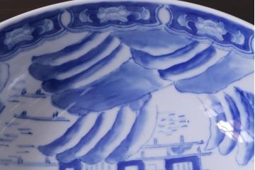 古民具　大正昭和初期　山水図　素朴ながら味わい深い9寸深鉢(深皿、和食器)