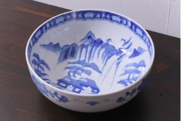 古民具　大正昭和初期　山水図　素朴ながら味わい深い9寸深鉢(深皿、和食器)