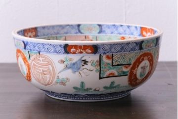 古民具・骨董　江戸期　古伊万里　色絵　緻密な描き込みの7寸深皿(鉢、和食器)
