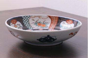 骨董　明治期　深い藍色と朱色の対比が印象的な色絵皿(和食器)