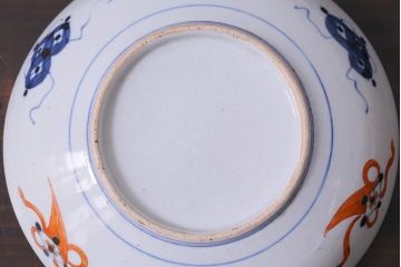 骨董　明治期　深い藍色と朱色の対比が印象的な色絵皿(和食器)