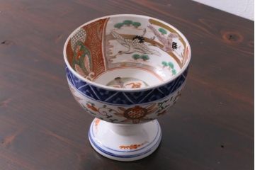古民具・骨董　明治期　色絵　鶴の図　彩り豊かな盃洗(酒器)