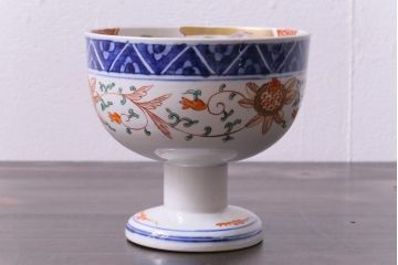 古民具・骨董　明治期　色絵　鶴の図　彩り豊かな盃洗(酒器)