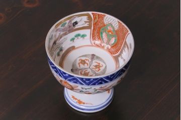古民具・骨董　明治期　色絵　鶴の図　彩り豊かな盃洗(酒器)