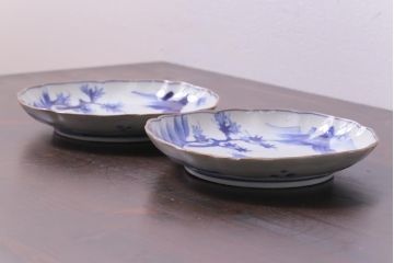 古民具・骨董　明治期　紅葉に鹿　7寸染付皿(和食器)2枚セット