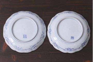 古民具・骨董　江戸期　扇と水仙　細かく描き込まれた図柄の7寸皿(和食器)2枚セット