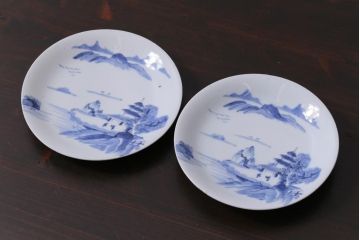 古民具・骨董　江戸期　古伊万里　山水図の中皿(和食器)2枚セット