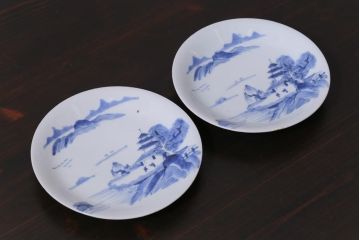 古民具・骨董　江戸期　古伊万里　山水図の中皿(和食器)2枚セット