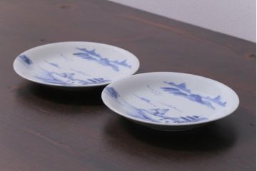 古民具・骨董　江戸期　古伊万里　山水図の中皿(和食器)2枚セット