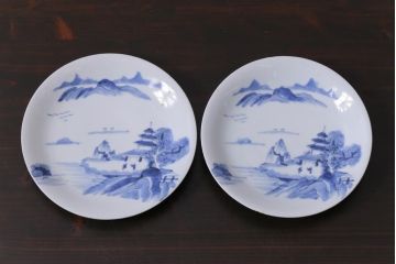 古民具・骨董　江戸期　古伊万里　山水図の中皿(和食器)2枚セット