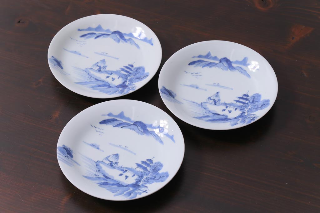 古民具・骨董　江戸期　古伊万里　山水図の中皿(和食器)3枚セット