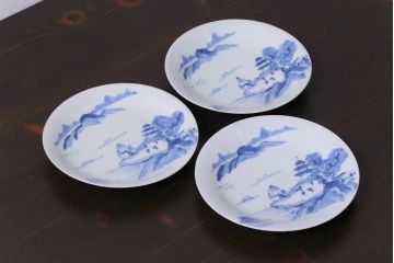 古民具・骨董　江戸期　古伊万里　山水図の中皿(和食器)3枚セット