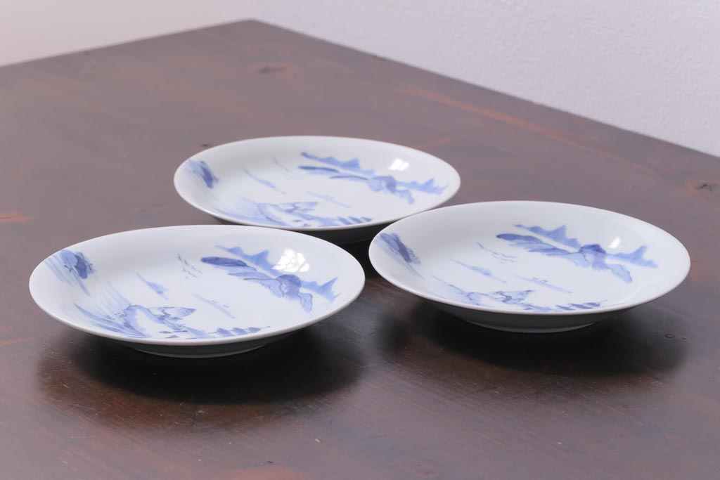 古民具・骨董　江戸期　古伊万里　山水図の中皿(和食器)3枚セット
