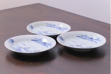 古民具・骨董　江戸期　古伊万里　山水図の中皿(和食器)3枚セット