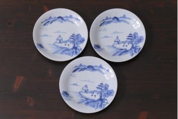 古民具・骨董　江戸期　古伊万里　山水図の中皿(和食器)3枚セット