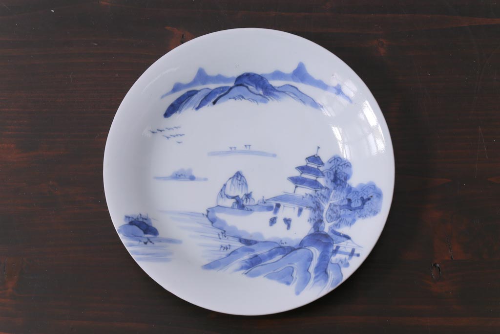 古民具・骨董　江戸期　古伊万里　山水図の中皿(和食器)3枚セット