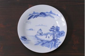 古民具・骨董　江戸期　古伊万里　山水図の中皿(和食器)3枚セット