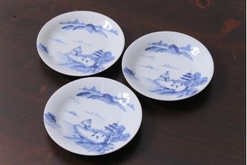 古民具・骨董　江戸期　古伊万里　山水図の中皿(和食器)3枚セット