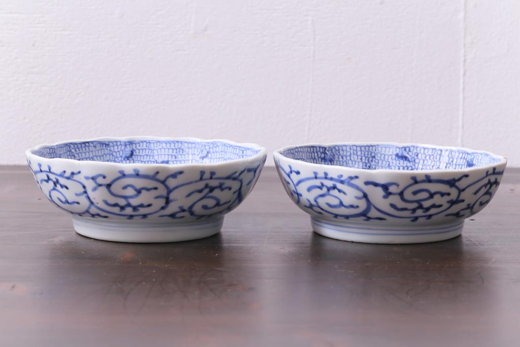 古民具・骨董　幕末期　伊万里　微塵唐草文　なます皿(鉢、和食器)2枚セット