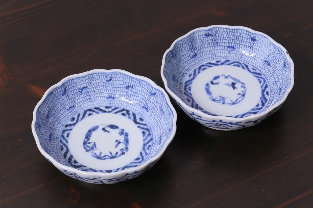 古民具・骨董　幕末期　伊万里　微塵唐草文　なます皿(鉢、和食器)2枚セット