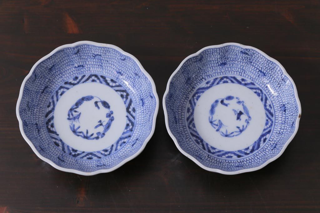 古民具・骨董　幕末期　伊万里　微塵唐草文　なます皿(鉢、和食器)2枚セット