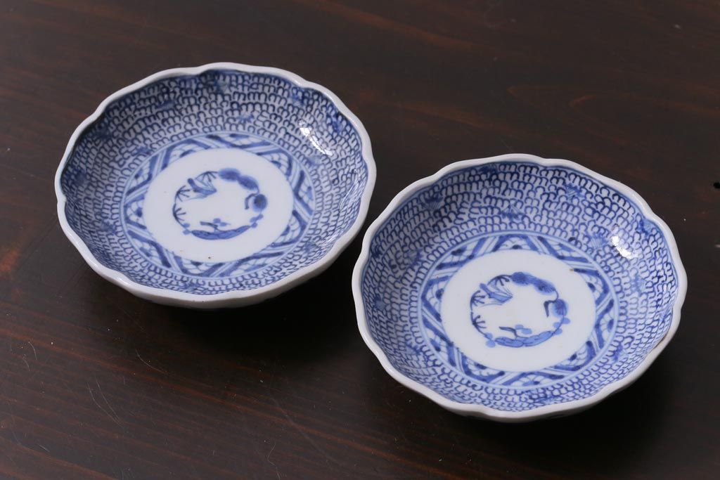 江戸後期　伊万里　成化年製　微塵(みじん)唐草・蛸唐草文　染付小皿2枚セット(和食器)